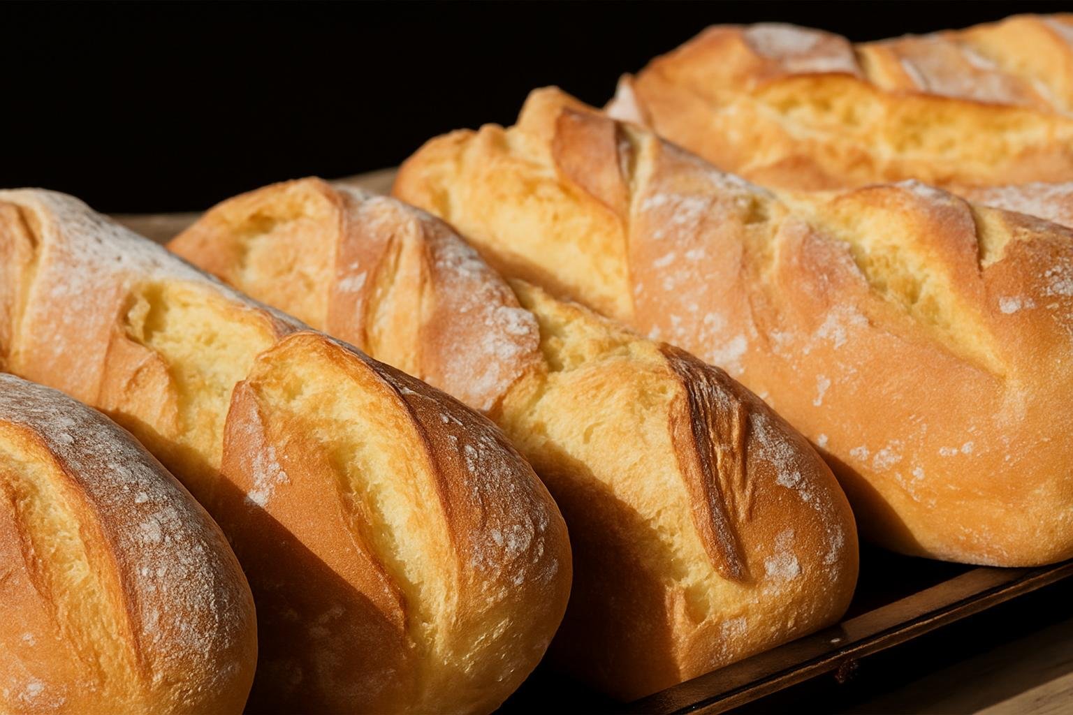 Fresh sourdough and baguette loaves on a tray.