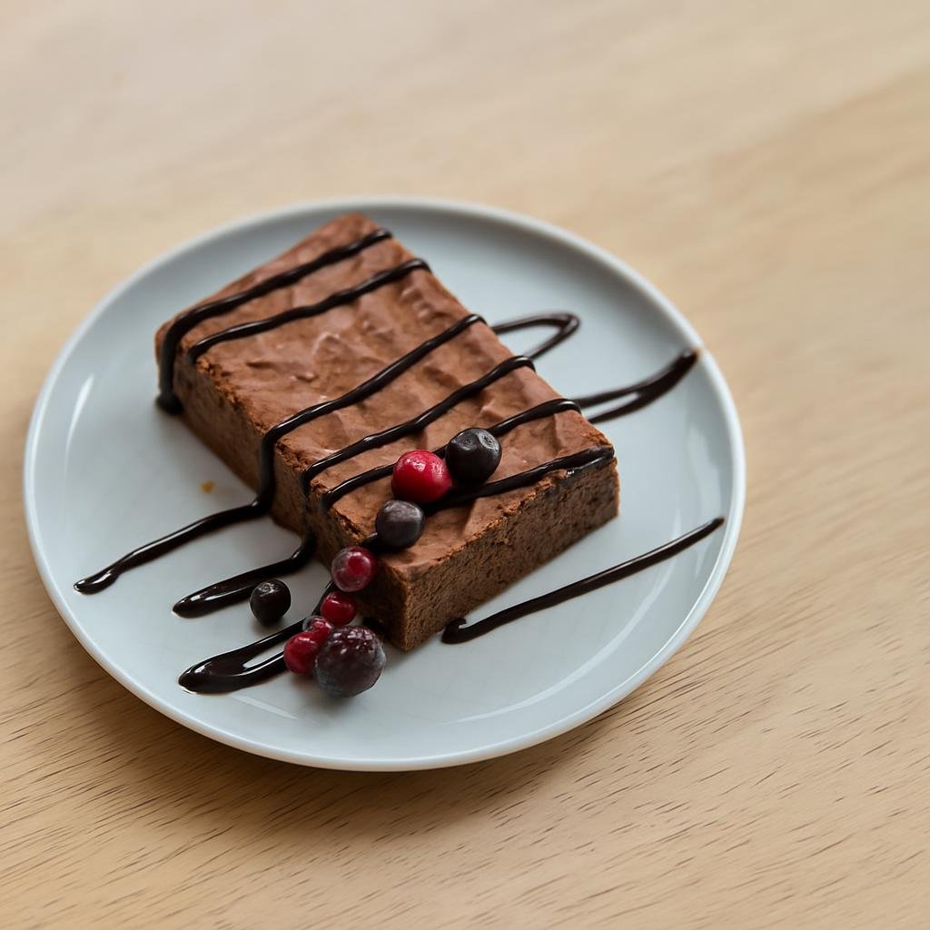 A chocolate brownie with fresh berries and a chocolate drizzle on a plate.