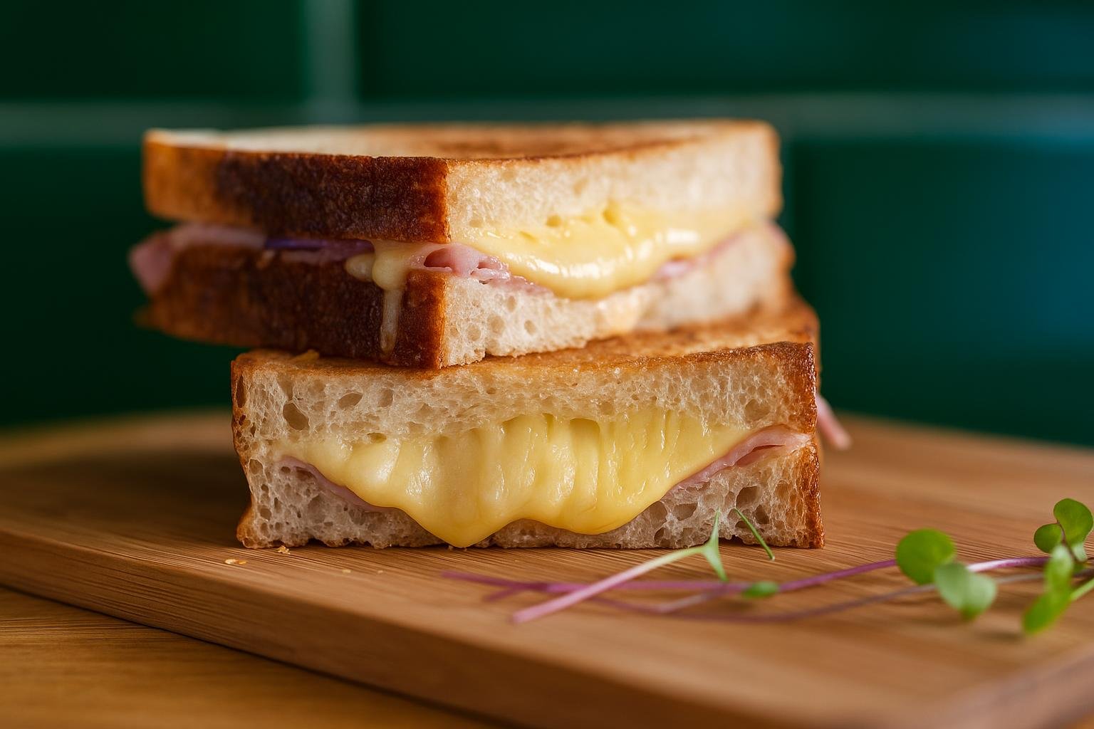 A grilled ham and cheese toastie, cut in half and stacked, on a wooden board against the café's dark green tiled wall.