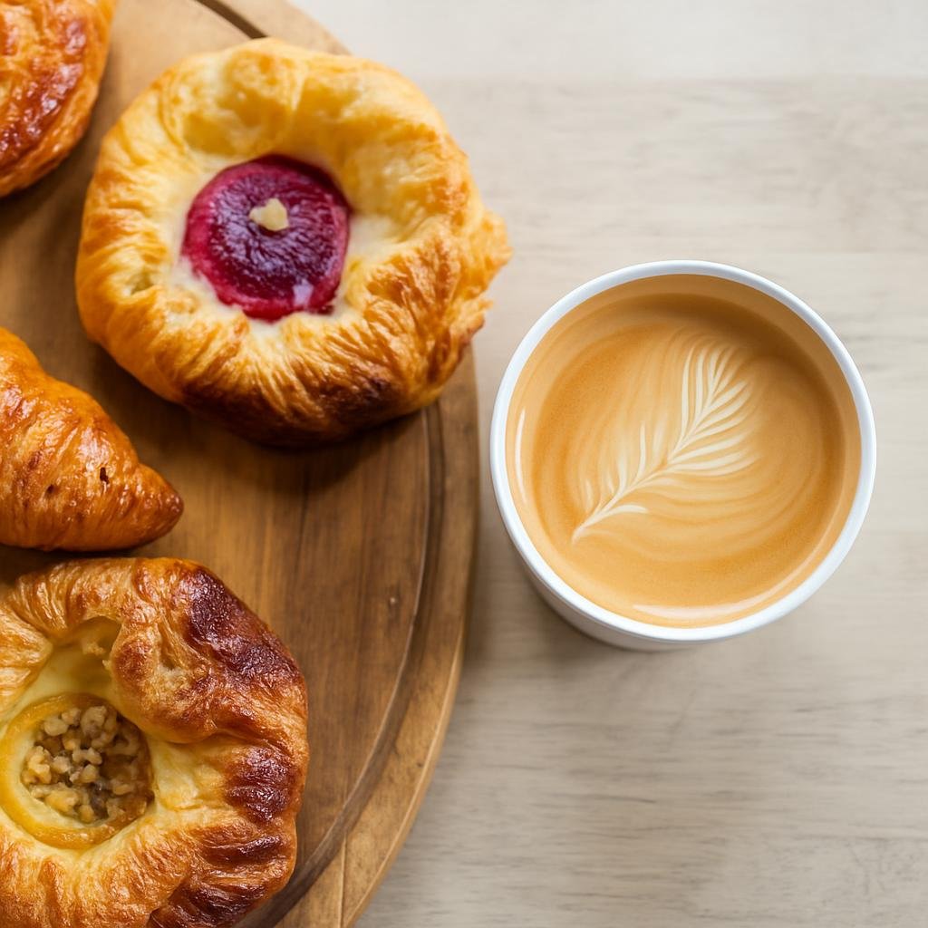 Filled Danish pastries, a croissant and a takeaway espresso with latte art on a wooden board.