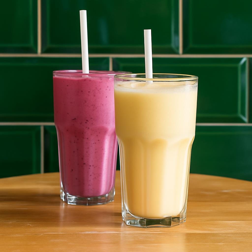 Two fresh fruit smoothies on a table against the café's green tiled wall.